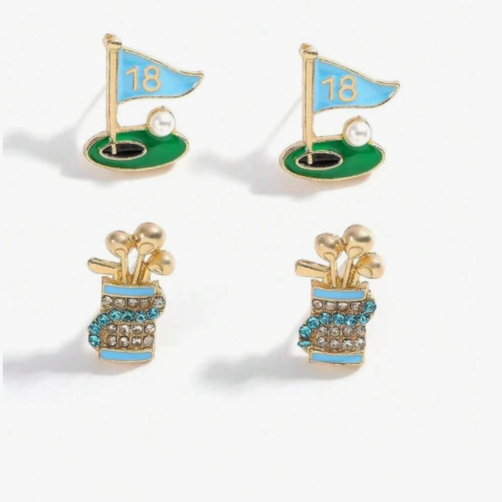 Golf-Themed Blue & Green Stud Earring Set